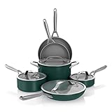 Ninja Ceramic Pro 10-Piece Cookware Set, Green, Aluminum & Stainless Steel Nonstick Pots and Pans with Glass Lids, PFAS-Free, Dishwasher Safe, Oven Safe up to 550°F, Scratch Resistant.