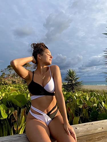 Lilosy Sexy Cute Wrap Push Up Cutout Two Color Block High Cut Leg Thong Brazilian Bikini Swimsuit Set Women Cheeky Bottom Colorblock Bathing Suit 2 Piece Black And White Small #TOP5