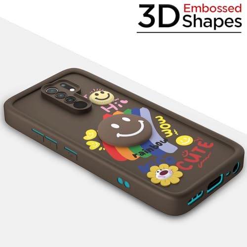 Image of Pikkme Back Cover for Redmi 9 Prime /Poco M2 | Soft Silicone| Cute Rainbow Smile & 3D Cartoon Flower Design | Shockproof Raised Camera Protection Bumper Case (Brown)