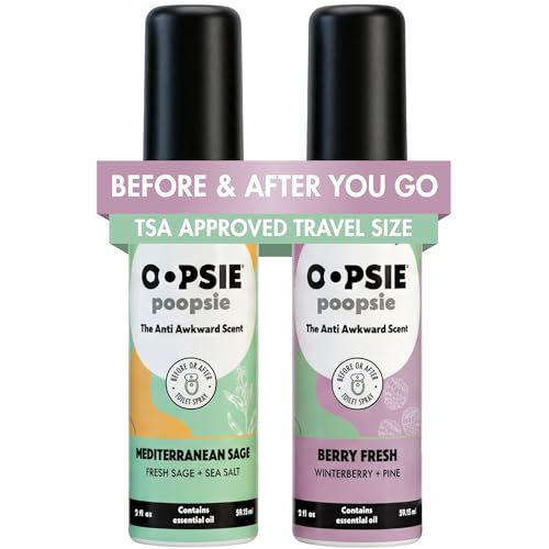 Oopsie Poopsie Toilet Spray Before & After You Go Bathroom Odor Eliminator & Neutralizer Spray Travel Size with Essential Oils TSA Approved Sage/Berry Fresh 2 Pack 2 Oz.
