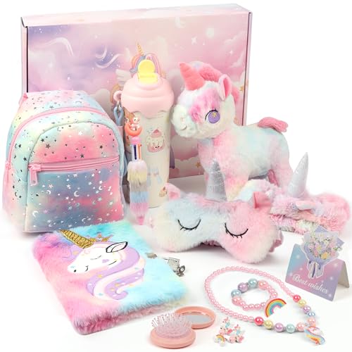 Wilava Unicorn Toys Gifts for Girls 4 5 6 7 8 9 10Years Old with Plush Toy Backpack 316 Stainless Steel Water Bottle Jewelry (Necklace Bracelet) Diary with Lock for Girls Sleep Mask Hair Accessories