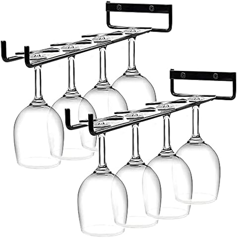 Aieraczy Wine Glass Rack, 2 Pack 30cm Wine Glass Holder Under Cabinet, Stemware Wine Cup Holder, Wine Glass Hanging Under Shelf, Metal Wall Mounted Glass Holders for Bar Pub Kitchen, Black Cover