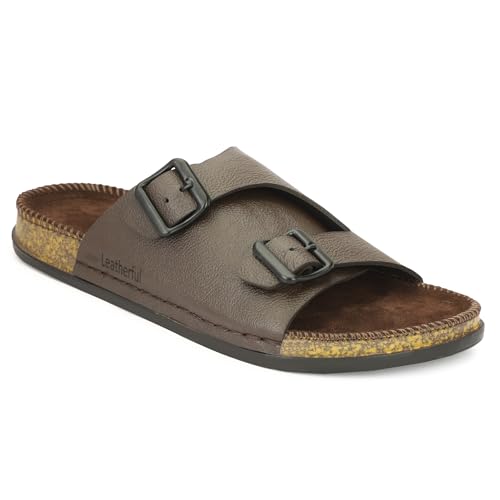 Leatherful Men's premium leather slipper | Genuine Leather upper | Suede Leather Insole | PU sole | Stylish flip flop for men | Birkenstock (BROWN - SKBK03, UK Footwear Size System, Adult, Men, Numeric, Medium, 9)