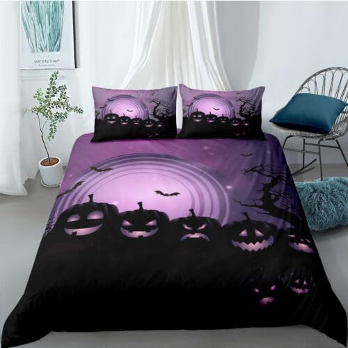 Parure de Lit 220x240 Adulte Violet Halloween avec Housse et 2 Taies