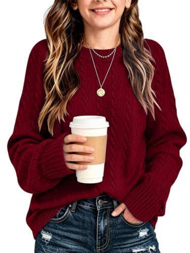 Image of Girls Sweaters Winter Tops Kids School Picture Teen Fashion Long Sleeve Crew Neck Cable Knit Casual Fall Cozy Pullover
