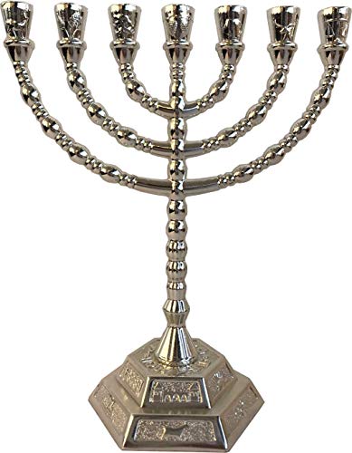 Holy Land Market Jewish Candle Sticks Menorah - 7 Branches - 12 Tribes of Israel Menorah (Silver, 8 Inches)
