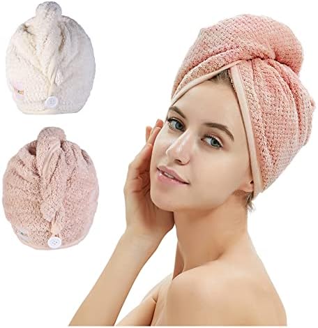 2 Pack Microfiber Hair Towel Wrap,Hair Drying Towel with Button, Hair Towel Turban,Quick Dry,Anti-frizz,Absorbent Head Towel (Pink&Beige)