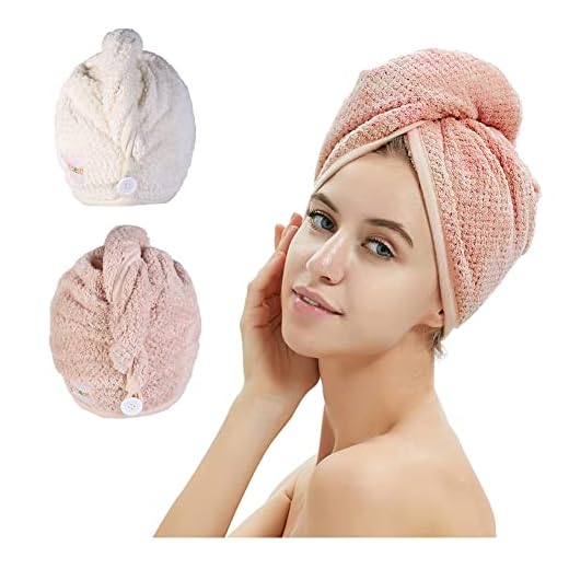 M-bestl 2 Pack Hair Towel Wrap,Hair Drying Towel with Button, Microfiber Hair Towel, Dry Hair Hat, Bath Hair Cap (Pink&Beige)