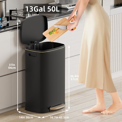 Image of KUK 13 Gallon Kitchen Trash Can with Lid, 50L /13Gal Office Step Garbage Can for Home, Kitchen, Laundry Room, Office, Brushed Stainless Steel, Black