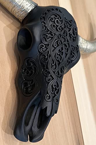 Top Brass Tribal Design Carved Painted Steer Bull Cow Balck & Gold Skull - Wall Mount Head - Rustic Western Art Sculpture #TOP2