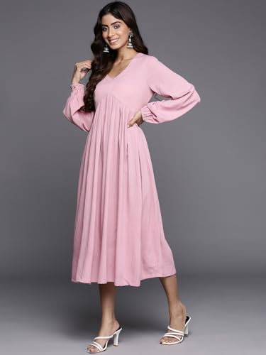 Image of Varanga Women Blue V-Neck, Bishop Sleeves, Gathered Details Calf Length A-Line Dress, Flared Hem