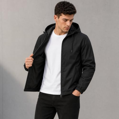 Image of MIA FASHION Men's Hooded Waterproof Rain Jacket Lightweight Wind Resistant Jacket with Zipper Pockets for Bike Riding, Travel & Outdoor Use
