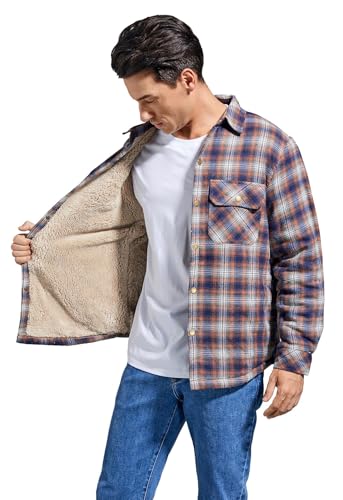 Image of Men's Sherpa Cotton Flannel Shirt Jacket Plaid Button Coat Pocket