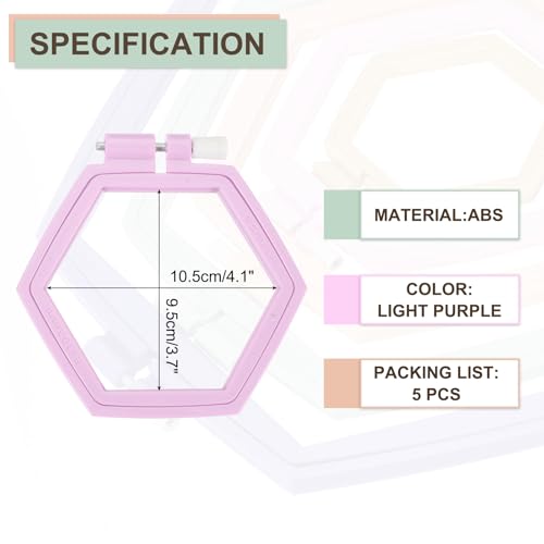 Image of PATIKIL 5 Pieces 4.1 inch x 3.7 inch Hexagonal Embroidery Hoops, Adjustable Cross Stitch Hoops Ring ABS Plastic Embroidery Frame Punch Needle Hoop for Sewing, Needlework, DIY Craft, Light Purple