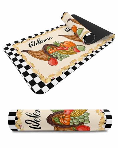 Debedcor Heat Proof Table Pads Waterproof Decorative, Fall Vegetable Non-Slip Table Countertop Protector, Rustic Harvest Corn Black Plaid Insulation Mat for Dining Room, 48 x 12 Inches