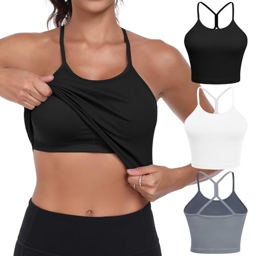 VEQKING Women Sports Bras High Neck Seamless Ribbed Longline Yoga Tank Tops with Built in Bra, 3 Pack