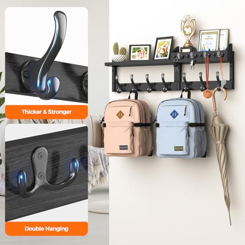 Image of Evermagin 29 inch Coat Rack Wall Mount with Shelf, 4 in 1 Wall Mounted Coat and Key Hanger with 11 Hooks, Entryway Key Holder with Mail Holder for Living Room, Bedroom, Black