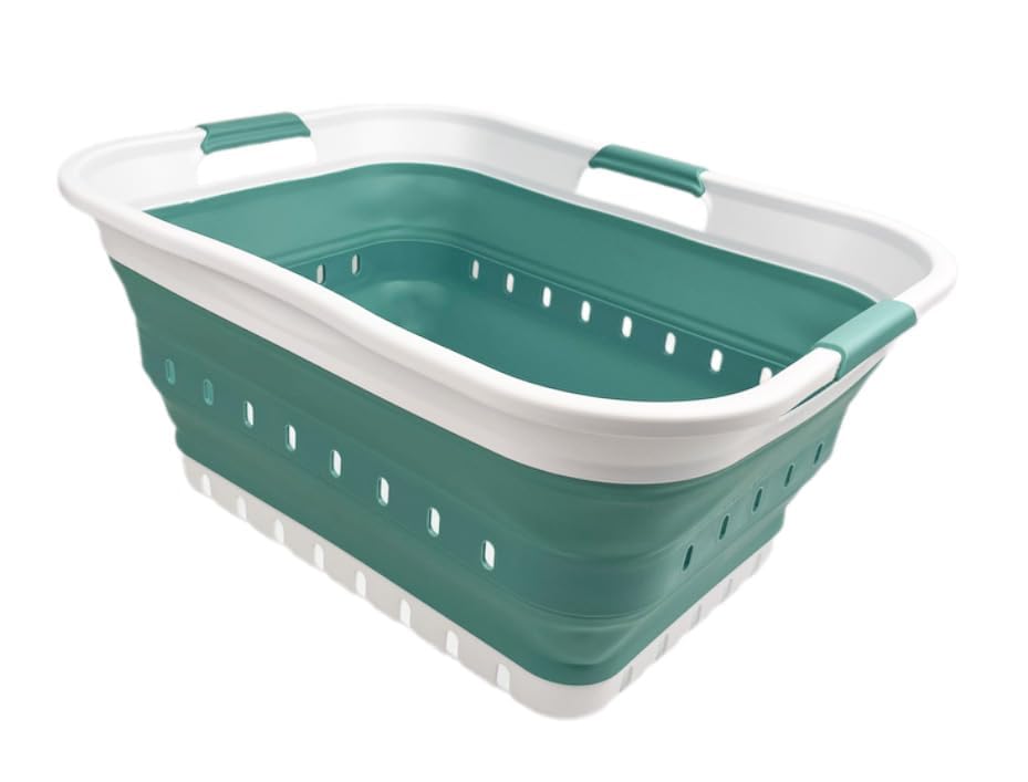 Image of SAMMART 42L (11 gallon) Collapsible Plastic Laundry Basket - Foldable Pop Up Storage Container /Organizer - Space Saving Hamper /Basket (1, White /Celadon Green)