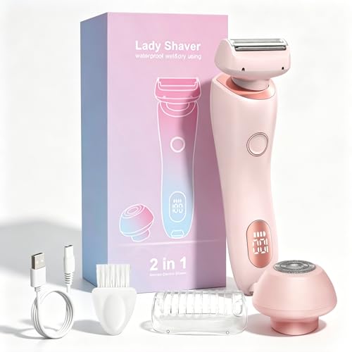 Electric Shaver for Women Bikini Trimmer for Women 2 in 1 Wet & Dry Painless Hair Removal with 2 Removable Heads for Bikini Leg Arm Underarm IPX7 Waterproof Rechargeable Design (Pink)