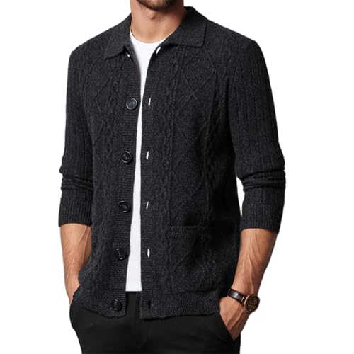 Mens 100% Wool Lapel Cardigan Sweater Cable Knitted Button Down Sweaters Chunky Fall Winter Outwear with Pockets
