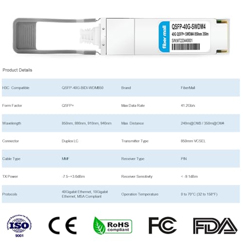 Image of 40GBASE-SR SWDM4 Optical Transceiver Module, Compatible with H3C QSFP-40G-BIDI-WDM850,40G QSFP+ 850 /880 /910 /940nm 350m Duplex LC MMF DDM