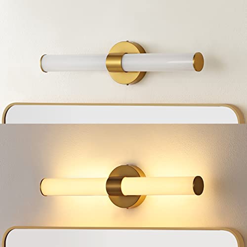 Image of JONATHAN Y 20.13 inch Brass Gold 1-Light Integrated LED Vanity Light, Mid-Century Modern Iron Sconce with Frosted Acrylic Shade, Dimmable Bathroom Light Fixture for Mirror, 3000K JYL7119A