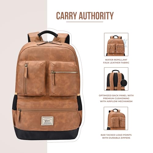 Image of Gear Vintage Boxy 18 inch /26L Medium Faux Leather Water Resistant Laptop Backpack /Casual Bag /Daypack /College Backpack /Travel Backpack For Men /Women (Tan - Navy)