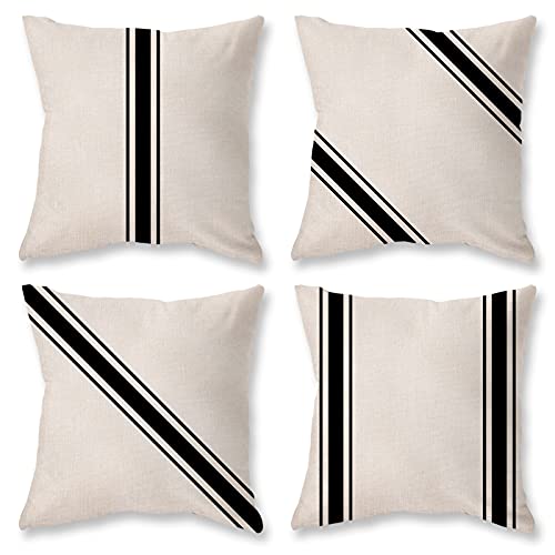 ONWAY Farmhouse Pillow Covers 18X18 Set of 4 Decorative Linen Throw Pillow Cover Black and White Striped Outdoor Pillows for Couch, Sofa, Bed, Patio Furniture and Sunbrella