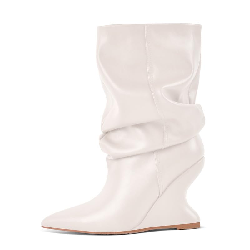 Womens Slouchy Mid Calf Boots Pointed Toe Pull On Wide Calf Wedge Booties Ruched Short Boots for Fall