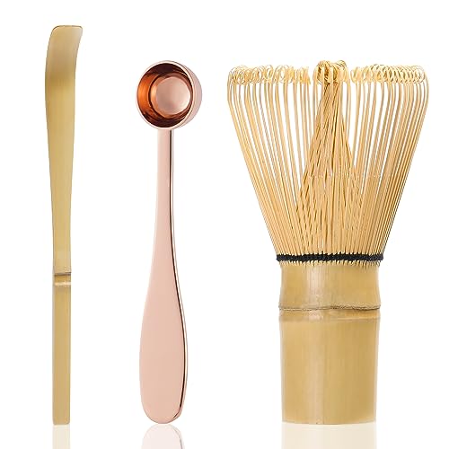ZENRC Modern Matcha Whisk Set - Bamboo Chasen - Rose Golden Stainless Steel Spoon - Bamboo Chashaku (Scoop) - Perfect Matcha Kit for Matcha at home (Whisk and stainless steel spoons and chashaku)