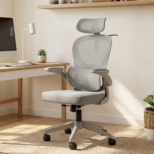 Image of HAVAI Velmora Ergonomic Office Chair | High Back Mesh Chair with Reclining Mechanism, Adjustable Armrest, Headrest & Lumbar Support | Nylon Base & Wheels | Executive /WFH Chair (Grey)