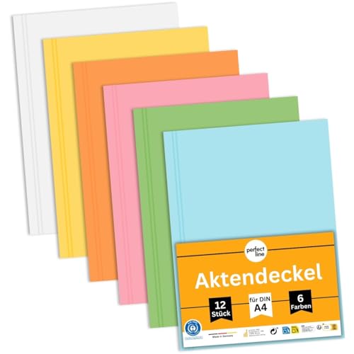 perfect line - 12 Aktendeckel DIN A4 - stabile Papp-Hefter aus Recyclingkarton, 250g/m², 6 Farben - umweltfreundlich, Blauer Engel zertifiziert, Made in Germany