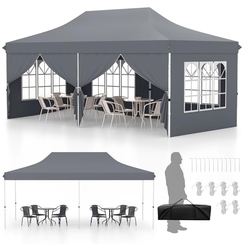 COSTWAY Gazebo da Giardino 3 x 6 m, Tendone per Feste con 6 Pannelli Laterali Rimovibili, con Borsa da Trasporto, Design Pop-up, per Matrimonio Eventi e Barbecue (Grigio)