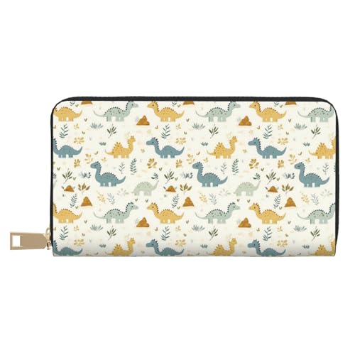 Colorful Dinosaur Print Wallet Women Men, Long PU Leather Wallets for Women, Cute Womens Travel Wallet Purse Pouch with Zipper Pocket - Main Image