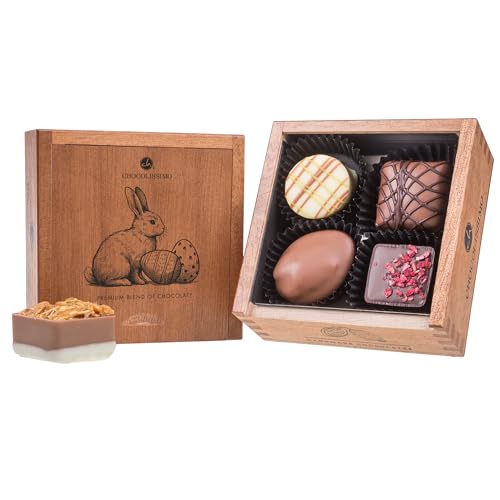 Egg Elegance Mini - Praline di Pasqua – 5 uova di Pasqua ripiene di cioccolato | cioccolato pasquale | Cassetta di legno | Lusso | di classe | maschio | Femmina