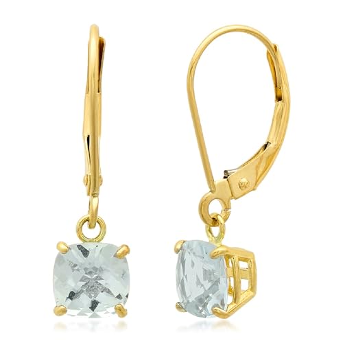 Solid 10K Gold Cushion Cut Dangle Gemstone Earrings for Women | 6mm Gemstone Birthstone Earrings | Checkerboard 10 Karat Gold Dangle Drop Leverback Earring for Women by MAX + STONE