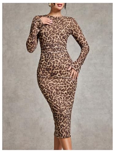 Image of GORGLITTER Women's Mesh Long Sleeve Bodycon Midi Dress Fall Cocktail Birthday Dinner Wedding Guest Going Out Dresses