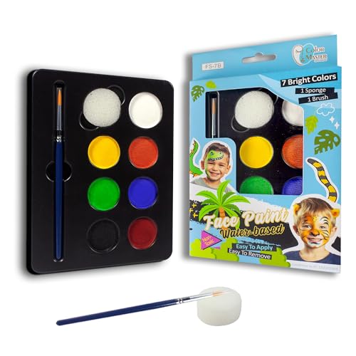 ColorMaster Face Painting kit for kids, Non-Toxic Water-Based Paints, 7 Bright Colors, with Brush - Professional Face and Body paint Makeup Kit for Sensitive Skin (Jungle Jam Kit)