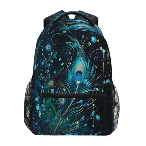 Peacock Feather Black Backpack for School Boys Girls Adults Kids Bookbag Laptop Bag 15L
