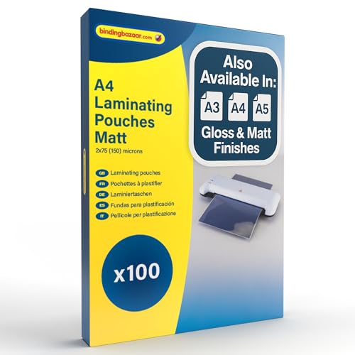 Binding Bazaar Matt A4 Laminating Pouches, Matt Finish, 150 Micron, 100 Laminating Sheets - Non-Reflective Finish Makes Your Words and Colours Easier to Read - Compatible with All Laminating Machines