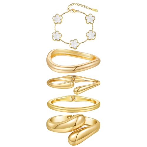 Coolkin 18K Gold Plated Bracelet for Women Stackable Floral Gold Clover Bracelets Set Love Twist Cuff Bangle Bracelets Non Tarnish, Bracelet Set Trendy Jewelry,Christmas Valentines Birthday Gifts