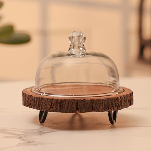 Image of Vriksha Acacia Wood Cake Stand with Glass Dome Lid | Serving Cake Stand, Dessert & Cupcake Display | Pastry Stand | Round Cake Holder