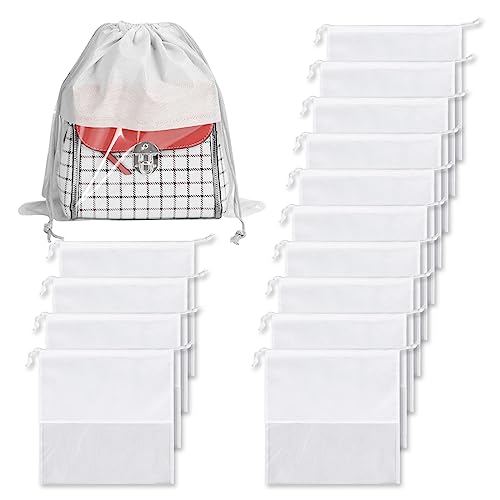 JOJOCY Staubbeutel für Handtaschen, 35 cm, Vliesstoff, staubdicht, Kordelzug, durchsichtiges Fenster, Staubschutz, Aufbewahrungstaschen, Handtaschen-Aufbewahrung, Organizer, Weiß, 15 Stück