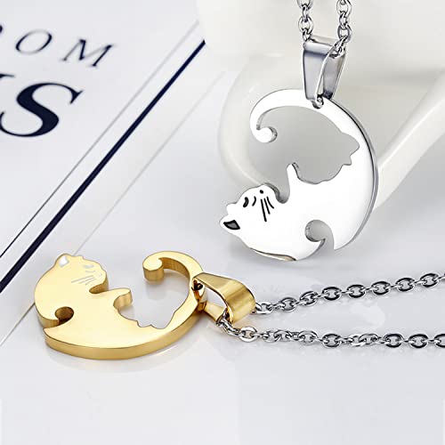 Govenus Best Friend Necklace For 2 Girls, Stainless Steel Cute Cat Yin Yang Bff Friendship Couples Puzzle Matching Piece Pendant Jewelry For Women,Gold&Silver #TOP3