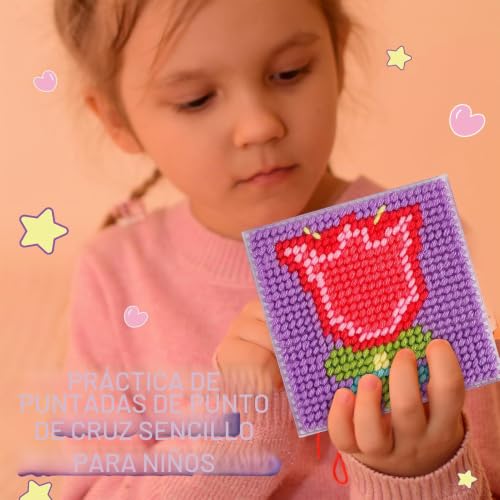 Miniatura 6 de Caydo Kit De Punto De Cruz 8-En-1 Para Principiantes Niños, Incluye 8 Lienzos De Plástico Con Pre-Patrones, 13 Colores De Hilos, Instrucciones, Agujas De Bordado Para Principiantes Costura