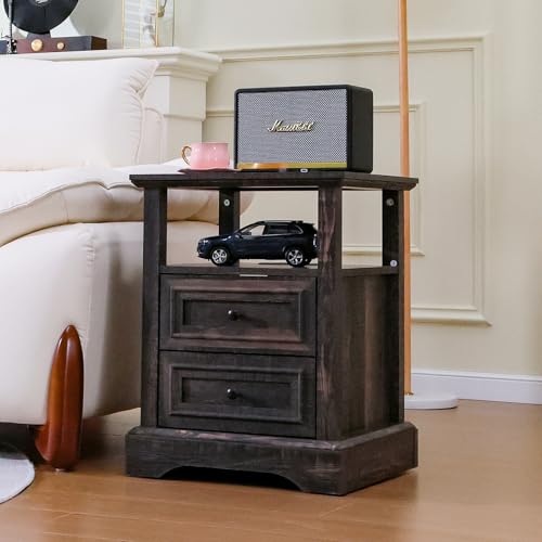 Image of ALBAD Farmhouse Nightstands with Charging Station,Walnut Brown Tabletop | End Tables with 2 Drawers, Open Shelf, USB Ports, Metal Knobs, for Rustic Bedroom Bedside, Living Room, Dorm