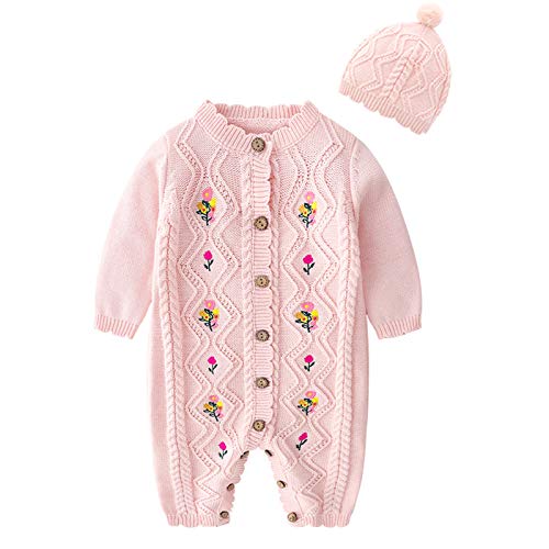 amropi Nouveau-né Bébé Tricot Barboteuse avec Bonnet Combinaison Manches Longues Tenue Ensemble 0-3 Mois,Rose