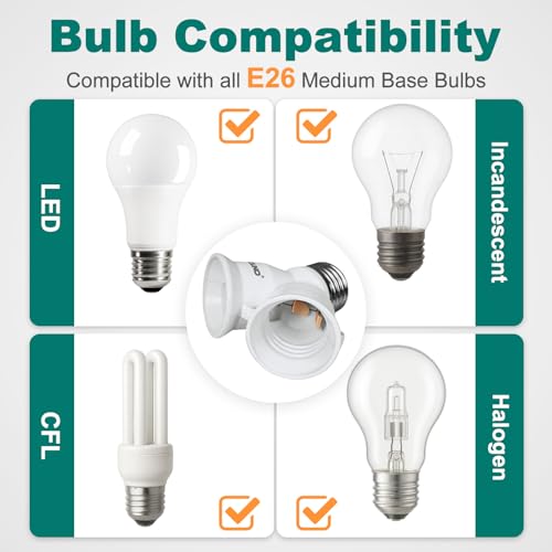 Image of DiCUNO 2 in 1 E26 Socket Splitter Adapter, Two E26 Standard Midbase Bulbs Y Shape Lamp Holder Converter in One Socket, Maximum 200W