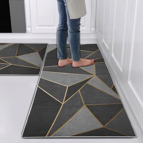 Hoimlm Tappeti da cucina, moderni, lavabili, motivo geometrico, antiscivolo, per cucina, sala da pranzo, 43 x 75 cm + 43 x 150 cm, geometria nera