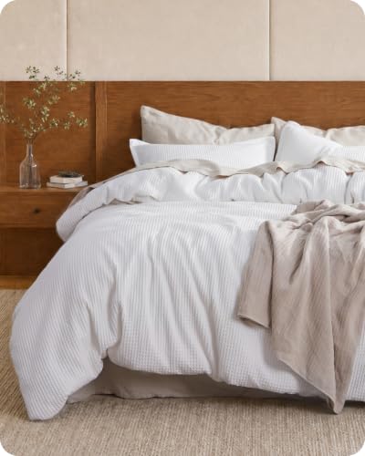 Image of Bedsure PureWoven Cotton Waffle Weave Duvet Cover, 3 Pieces, Bright White